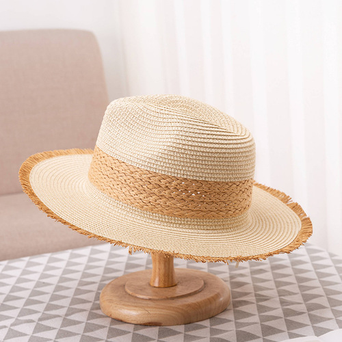 Hat Women's Summer Retro Color-Blocked Straw Hat Raw Edge Sun Protection Sun Hat Korean Style Women's Wide Flat Brim Hat Jazz Top Hat