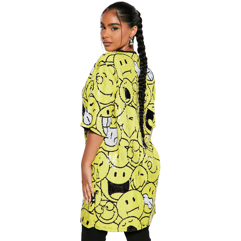 201g Weight Knee-Length Dress Length Type Half Sleeve Sleeve Length A-Line Skirt Dresses Type Regular Sleeve Sleeve Type Wholesale Women'S Casual Punk Sequins Patchwork Letter Daily Round Neck Half Sleeve A-Line Skirt