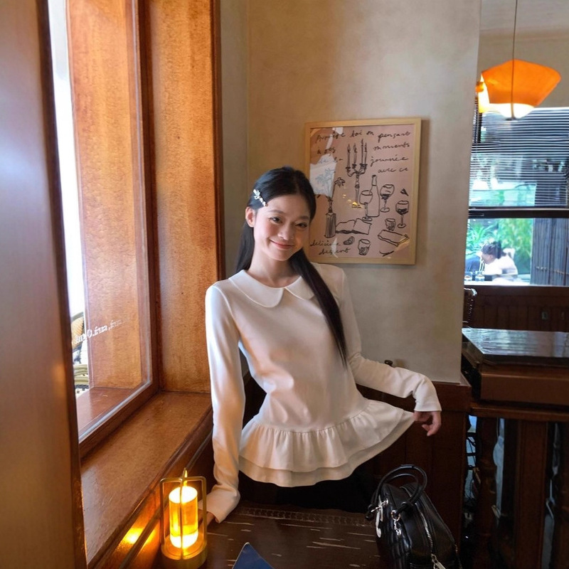 【270G German Velvet】Doll Collar German Velvet Long-Sleeve T-Shirt for Women, New Autumn and Winter Slim Fit, Slimming, Brushed for Warmth Top