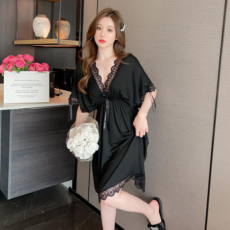 2023 verano pijamas chica manga corta de encaje sexy camisón Delgado profundo V modal dulce homewear