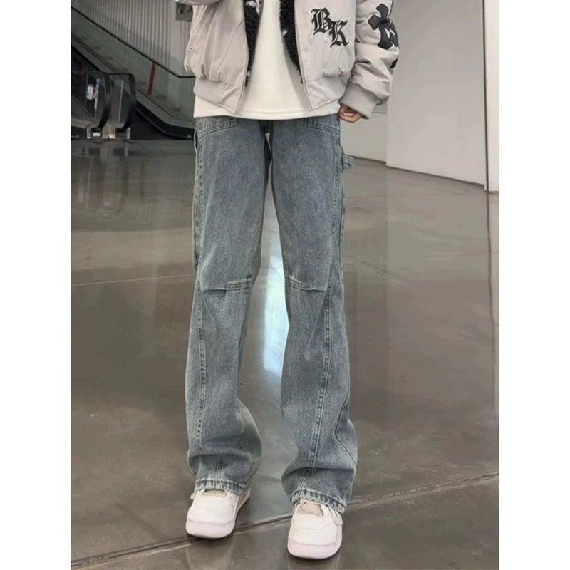 Vintage Blue American-Style Diagonal Cut Flared Jeans for Men, Spring Slim-Fit Pants with Lace-Up Design, Curved Work Pants Vintage Blue American-Style Diagonal Cut Flared Jeans for Men, Spring Slim-Fit Pants with Lace-Up Design, Curved Work Pants