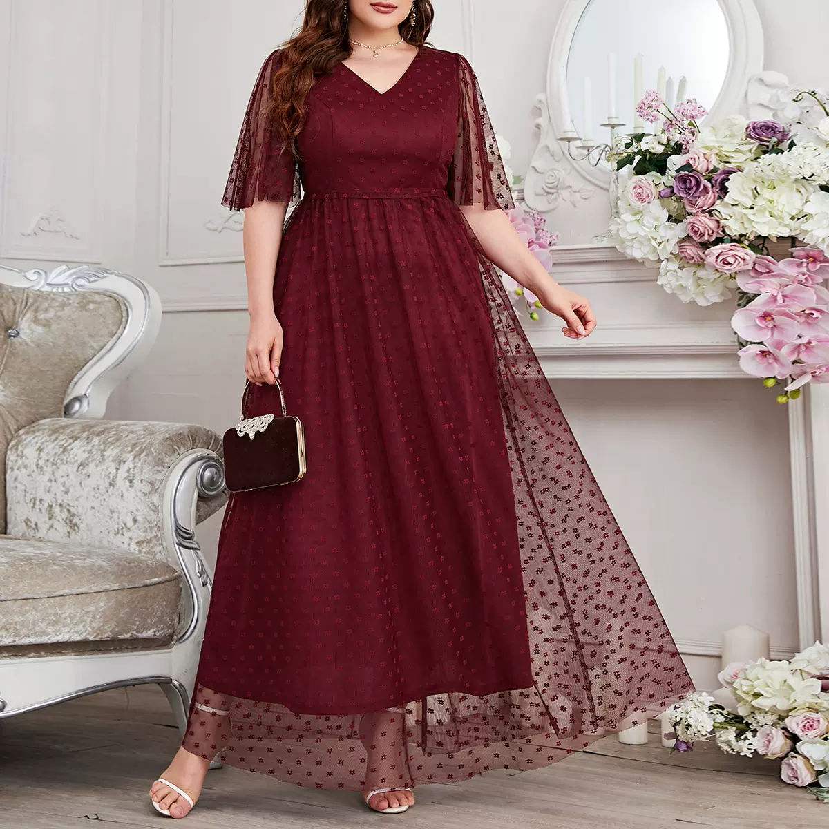 亚马逊爆款欧美大码连衣裙纯色外贸网纱优雅女长裙外贸批发