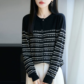 早秋条纹针织开衫外套女2025新款春秋外搭提花毛衣大码女装上衣