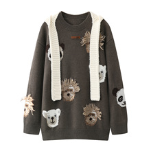 现货 2025冬季新款女百搭宽松撞色披肩萌宠提花针织衫RL91103073