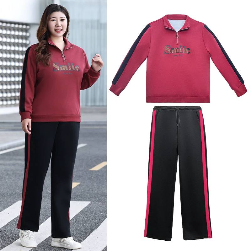 Осенняя коллекция 2025 года: новый спортивный костюм Ancora Red для женщин больших размеров, состоящий из длиннорубашки и брюк.