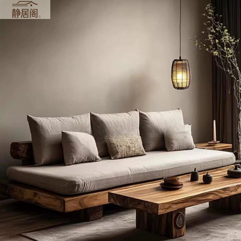 New Chinese-style straight-line sofa, lobby vintage bed, wabi-sabi style solid wood sofa, sofa chair set for guesthouses and hotels