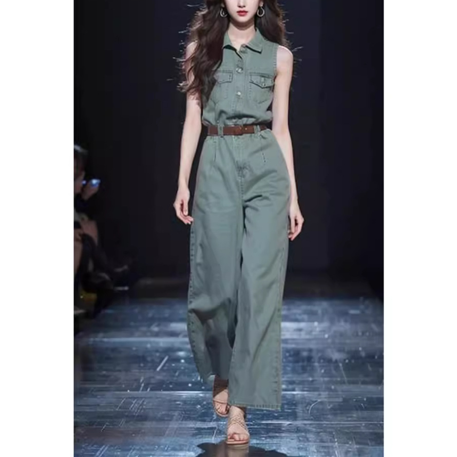 2026 Summer High-End Exquisite Blue Denim Jumpsuit Wide-Leg Pants for Women, French Chic and Sophisticated Jumpsuit