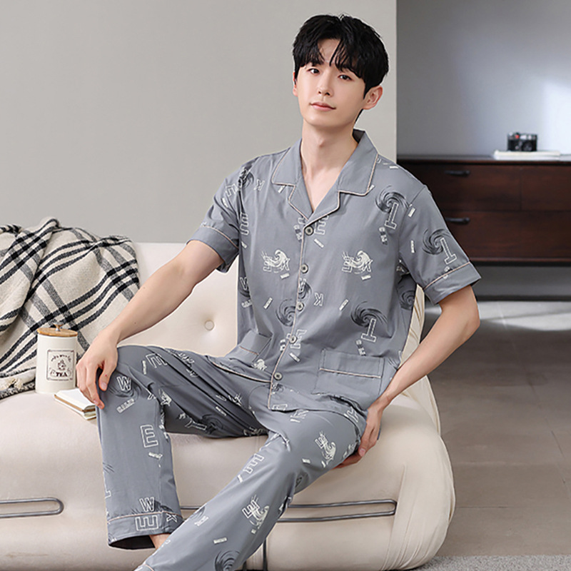Men's Pajamas Spring and Summer Thin Cotton Cardigan Short-Sleeved Pants Teenagers Casual Home Wear Plus Size Suit