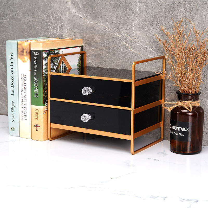 北欧双层铁艺置物架家用卧室梳妆台化妆架桌面护肤品抽屉收纳盒