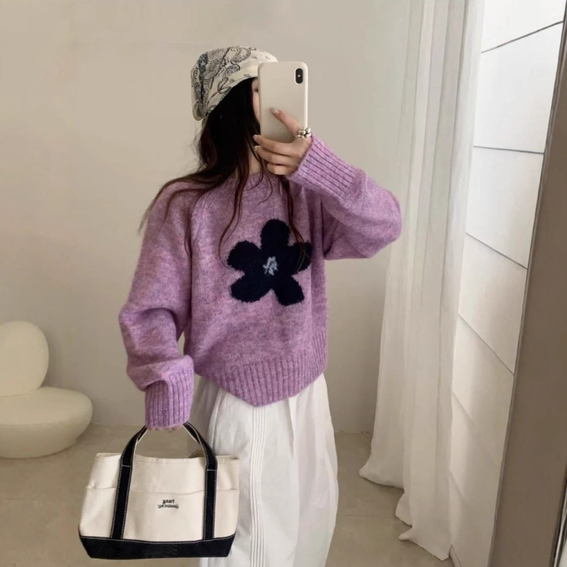韩系圆领长袖毛衣女秋冬日系软糯甜美减龄花朵外穿内搭针织衫上衣|undefined