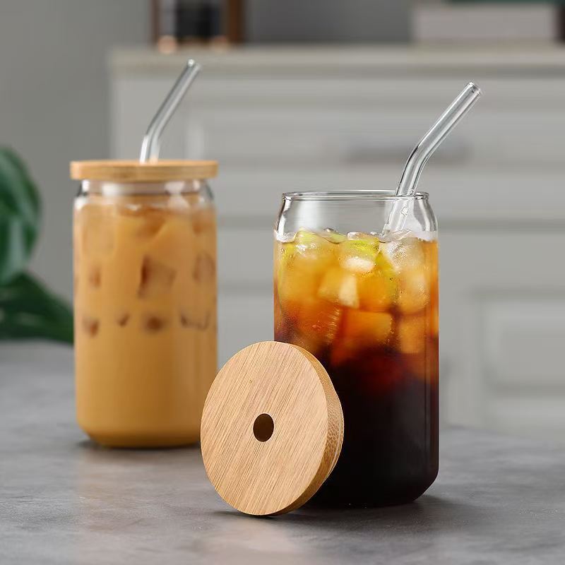 Vaso de vidrio de borosilicato alto con tapa de bambú, vaso transparente con pajita, vaso para bebidas y jugos resistente a altas temperaturas, gran capacidad