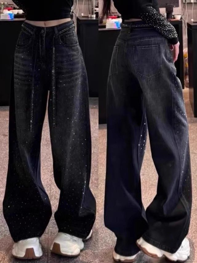 ​​Glam Distressed Wide-Leg Jeans For Women – Dark Gray Star & Diamond Embellished Denim Pants (S-2XL)​​_mkmklike.com