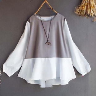 European Station Export Women's Japanese Style ins2024 New Spring & Fall Loose Round Neck Back Slit Contrasting Color Top for Women