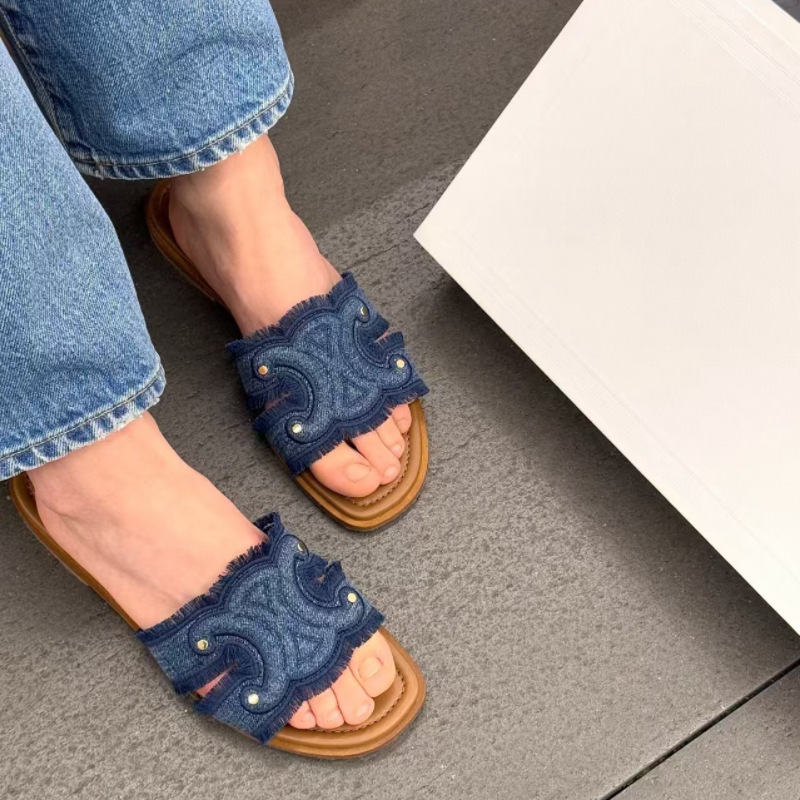 鼎版！女性がデニムブルーのフレンチスリッパを着用できるトライアンフアーチのフラットスリッパ、レトロなスタイル|undefined