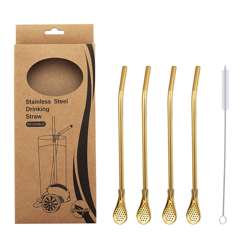 304 cuchara de paja de filtro de acero inoxidable cuchara de té perfumada vajilla cuchara de agitación de paja de bebida chapada en titanio