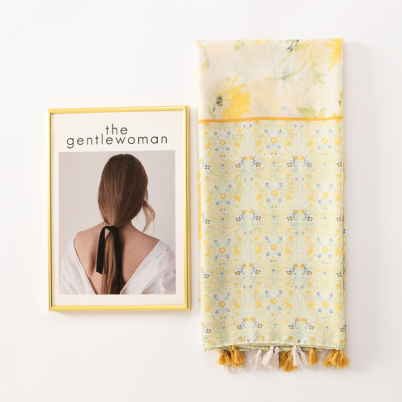Elegante bufanda impresa flor pequeña amarilla fresca artística fotografía de viaje chal decorativo bufanda de algodón y lino