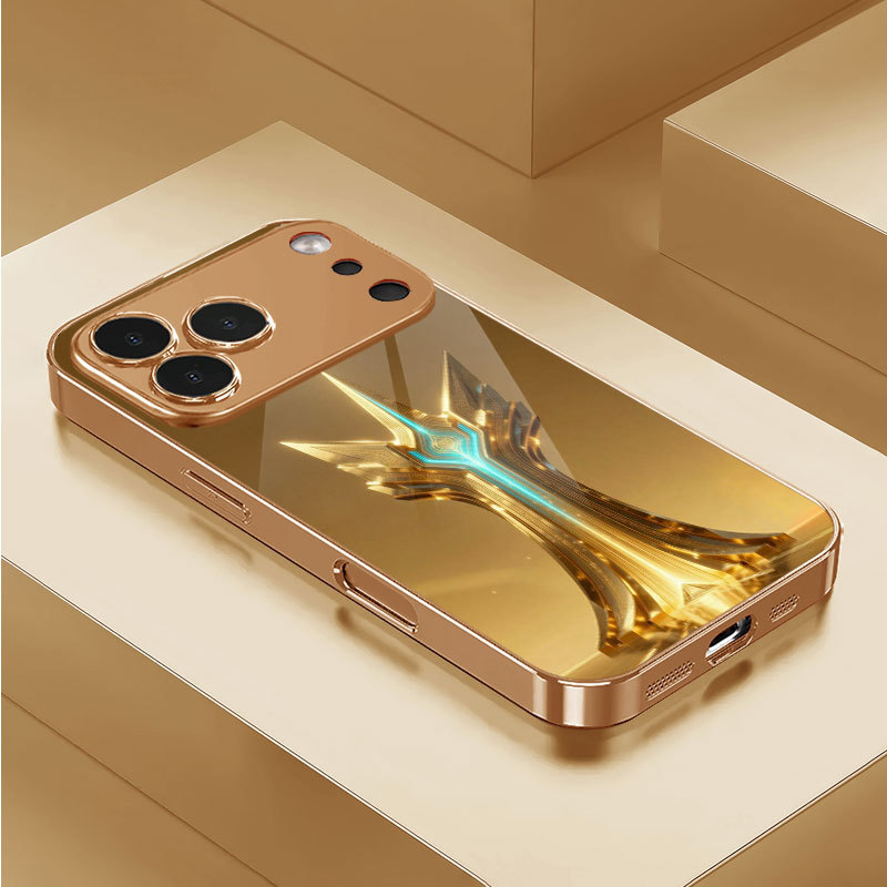 Luminous blue-patterned trophy is suitable for Apple 17 electroplated gold glass case 14/15Plus/16promax protective case