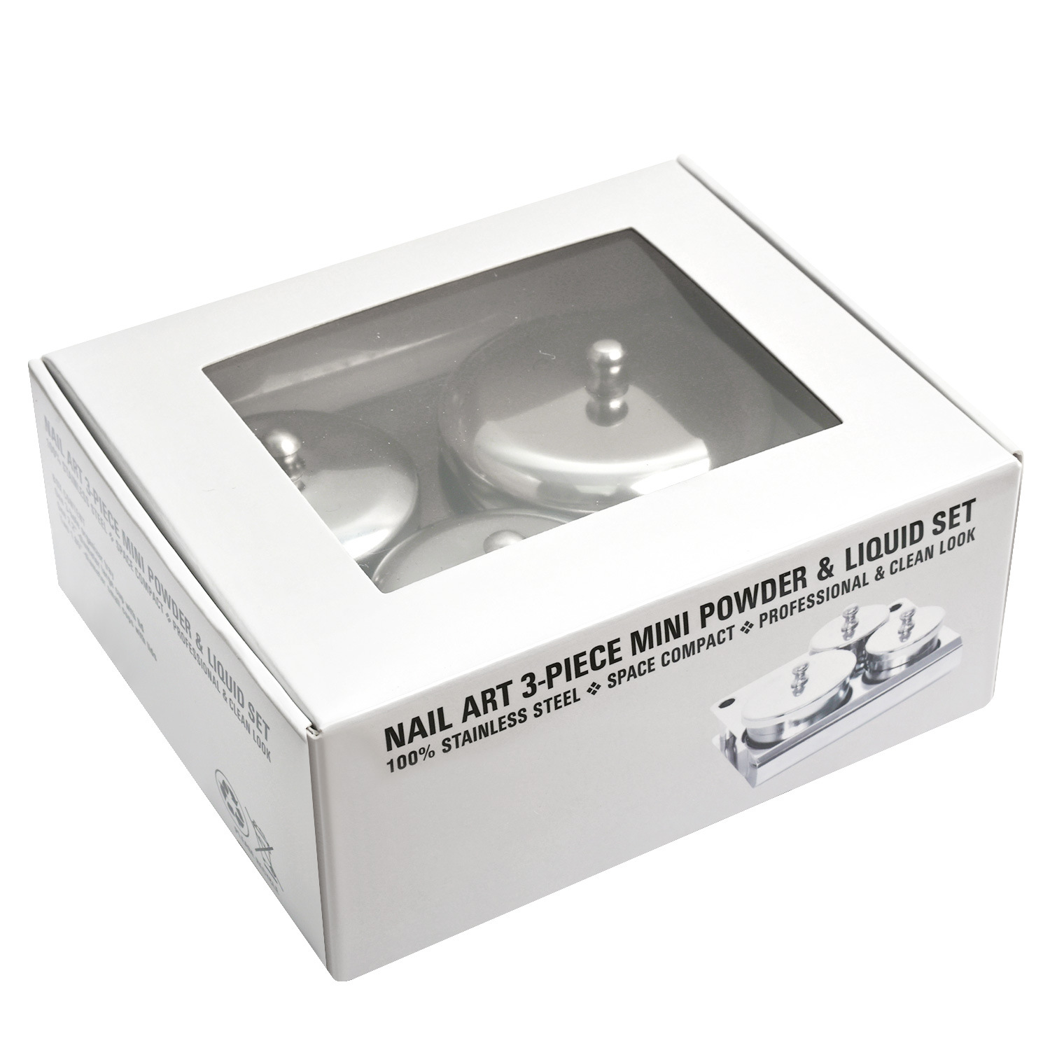 Juego de tres piezas de vasos de cristal para decoración de uñas, vaso para polvo líquido de cristal con tapa, recipiente dispensador, tarro de acero inoxidable, juego de 3 piezas con tapa