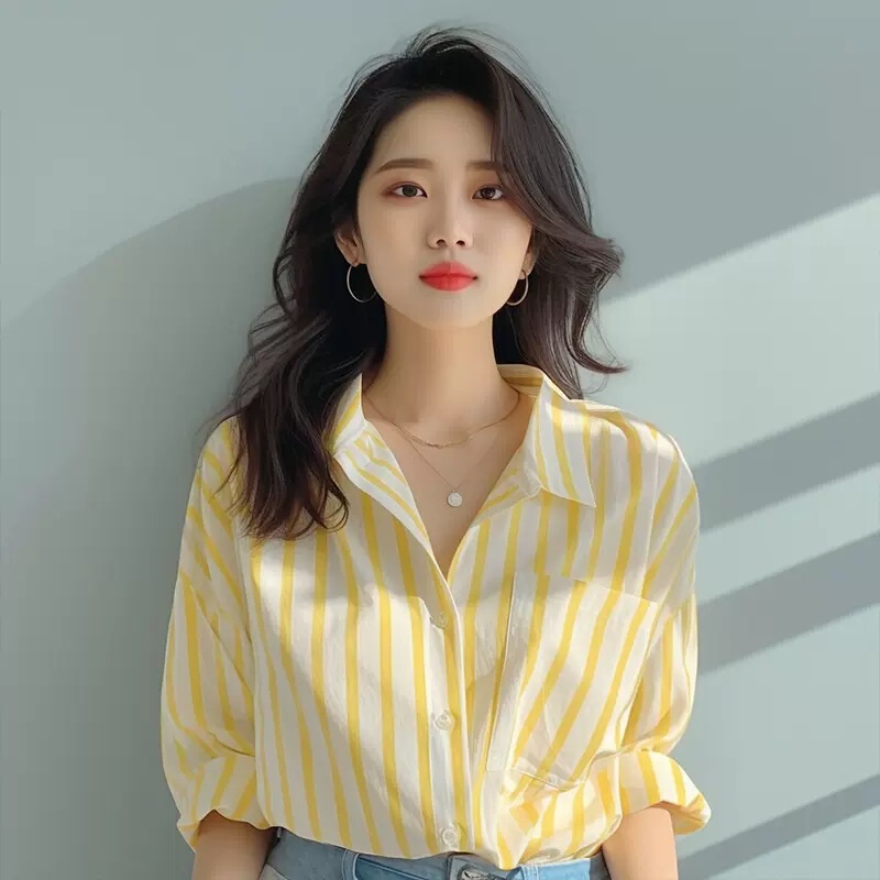 Goose Yellow Slim-fit Waist Striped Shirt Shirt 2024 New Design Sense Women's Niche Salt Wear Top Goose Yellow Slim-fit Waist Striped Shirt Shirt 2024 New Design Sense Women's Niche Salt Wear Top