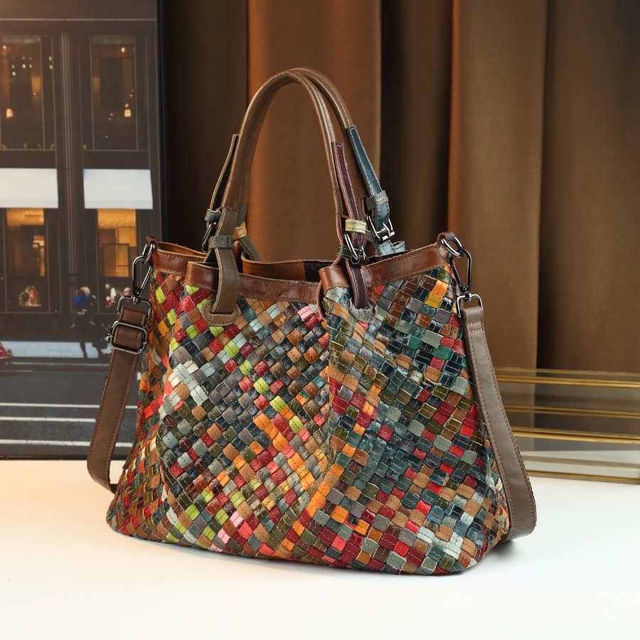 Retro Style Large Capacity Hand Woven Colorful Genuine Leather Patchwork Tote Bag Women's Casual Versatile Crossbody Bag_voghion.com