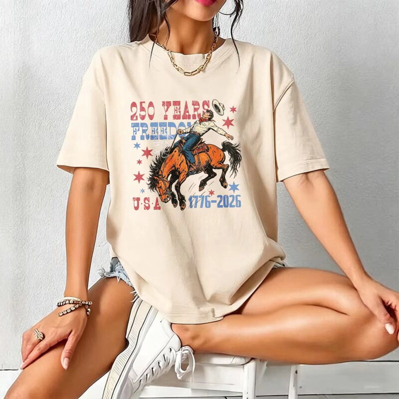 Cross-Border European Vintage Style 250-Year Freedom Shirt Western Cowgirl Patriotic Rodeo T-Shirt Sublimation Cross-Border European Vintage Style 250-Year Freedom Shirt Western Cowgirl Patriotic Rodeo T-Shirt Sublimation