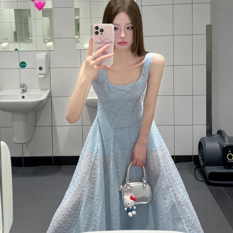 フレンチブルーのサスペンダードレス女性の夏の新しいスタイルの証明書ドレスホリデービーチ気質ウエスト痩身ロングスカート|undefined