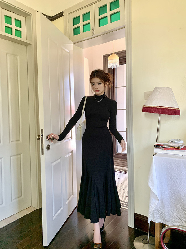 连衣裙女2025秋冬新款气质半高领修身内搭a字鱼尾裙长款打底裙子|undefined