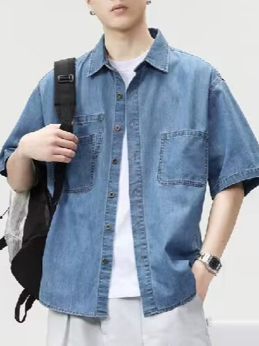 Japanese Retro Workwear Short-Sleeve Shirt for Men with a Cool and Stylish Vibe, Spring and Summer Five-Sleeve Stylish Denim Shirt, Loose Short-Sleeve Blouse