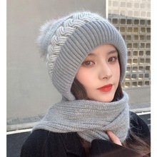 毛线帽女秋冬季百搭韩版潮保暖针织帽加绒加厚帽子围巾一体帽女帽