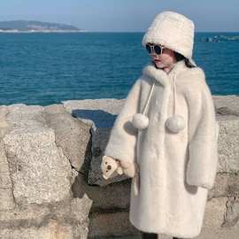 2025秋冬新款女童巫师帽中长款环保皮草外套儿童皮毛一体加厚连帽