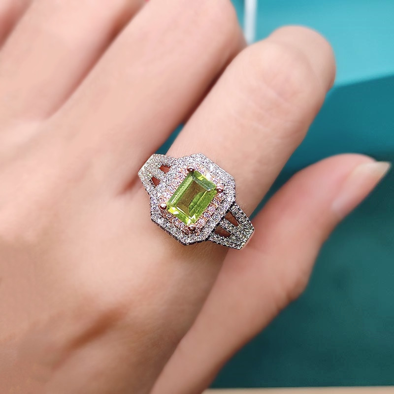 Natural Peridot Ring Natural Amethyst Emerald Cut Two-color Open Color Ring display picture 1