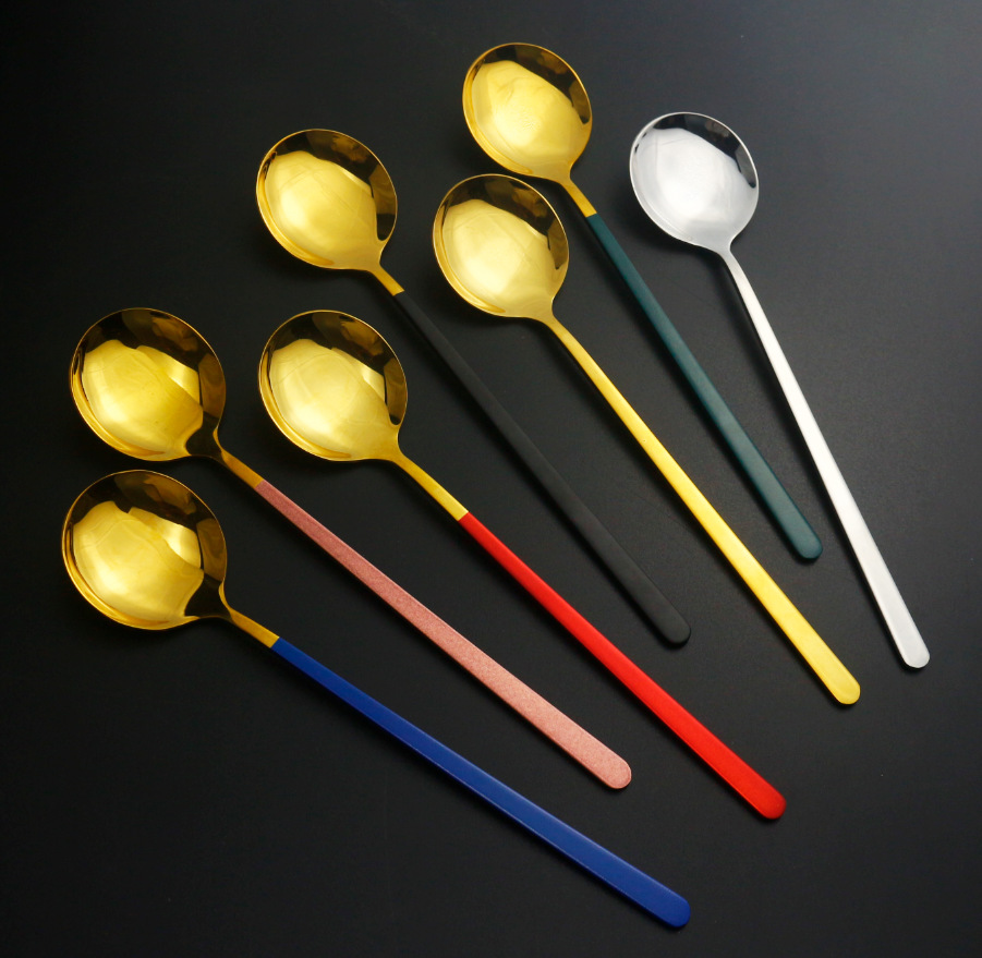 Net Red 304 Stainless steel Round spoon Long handle lovely tableware Dessert Spoon Soup spoon household Having dinner a soup spoon The stirring rod
