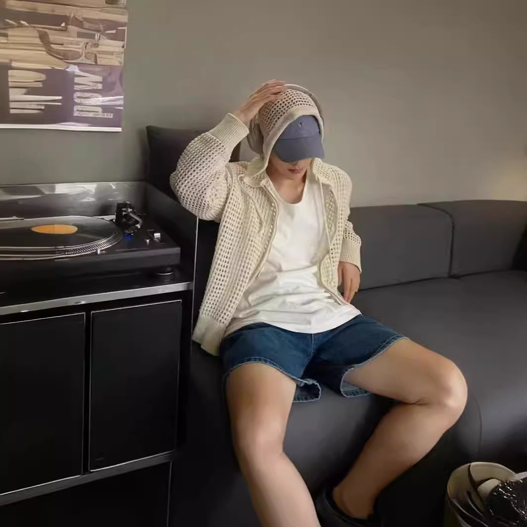 Cardigan haut de gamme pour hommes, pull en tricot ajouré à capuche haute élasticité pour tenue d'été fine de couple de protection solaire_voghion.com