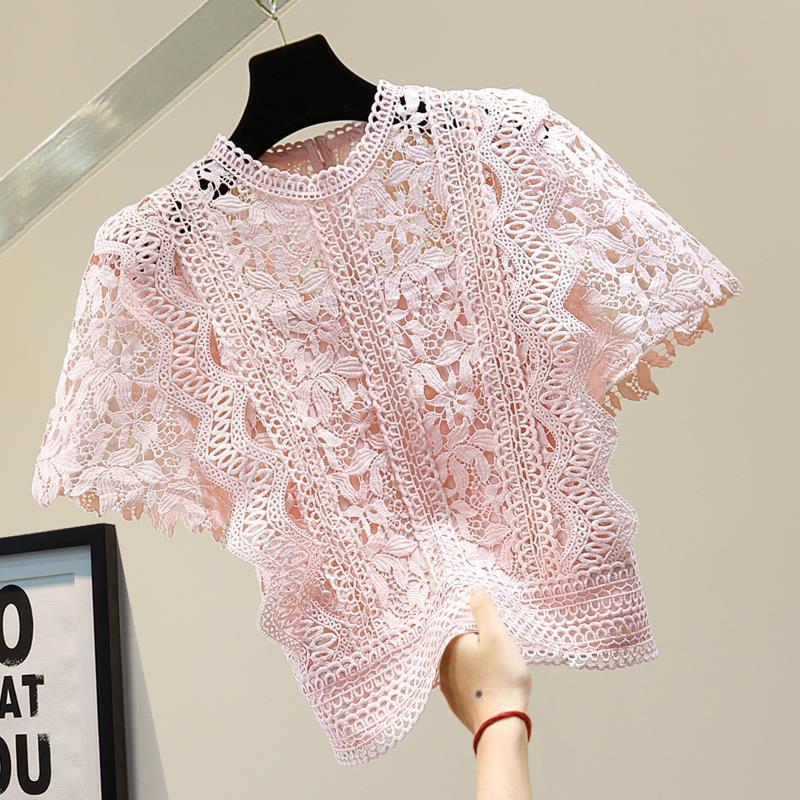 Spot Lace Solid Color High Waist Short Sleeve Shirt 2023 Summer Korean Style Heart Hollow Crooked Round Neck Lace Women