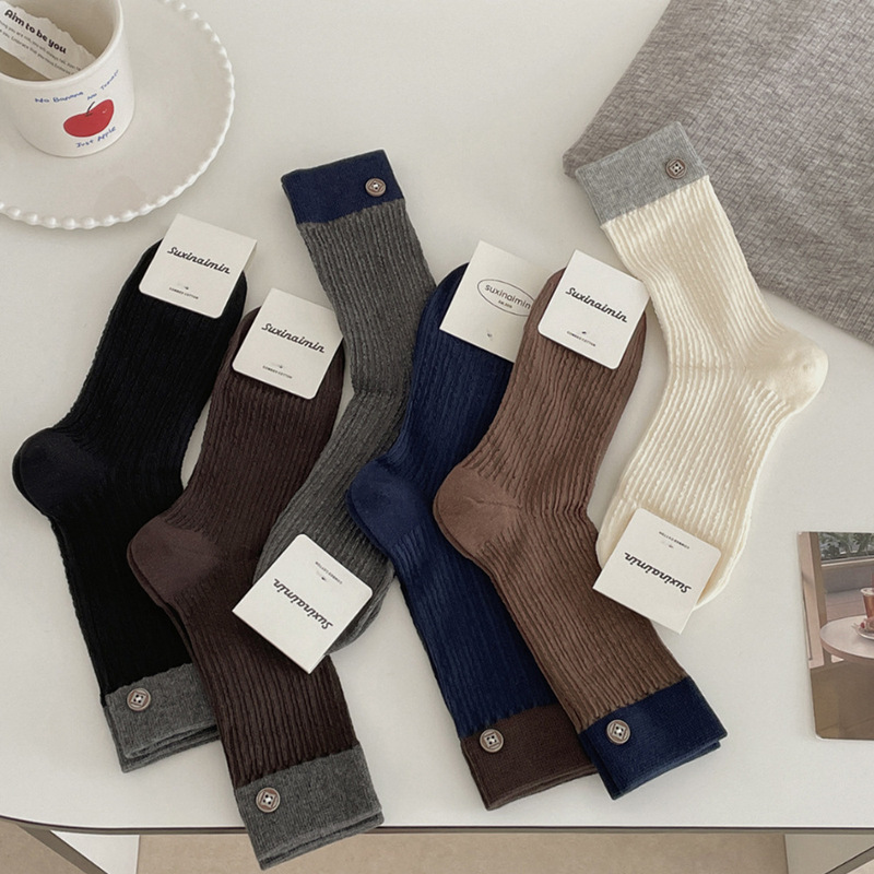 Suxinaimin Color-Blocked Double-Cuff Socks for Women with Decorative Buttons, Mid-Calf Socks, Spring and Autumn Korean Style, High-End Gray Slouch Socks Suxinaimin Color-Blocked Double-Cuff Socks for Women with Decorative Buttons, Mid-Calf Socks, Spring and Autumn Korean Style, High-End Gray Slouch Socks
