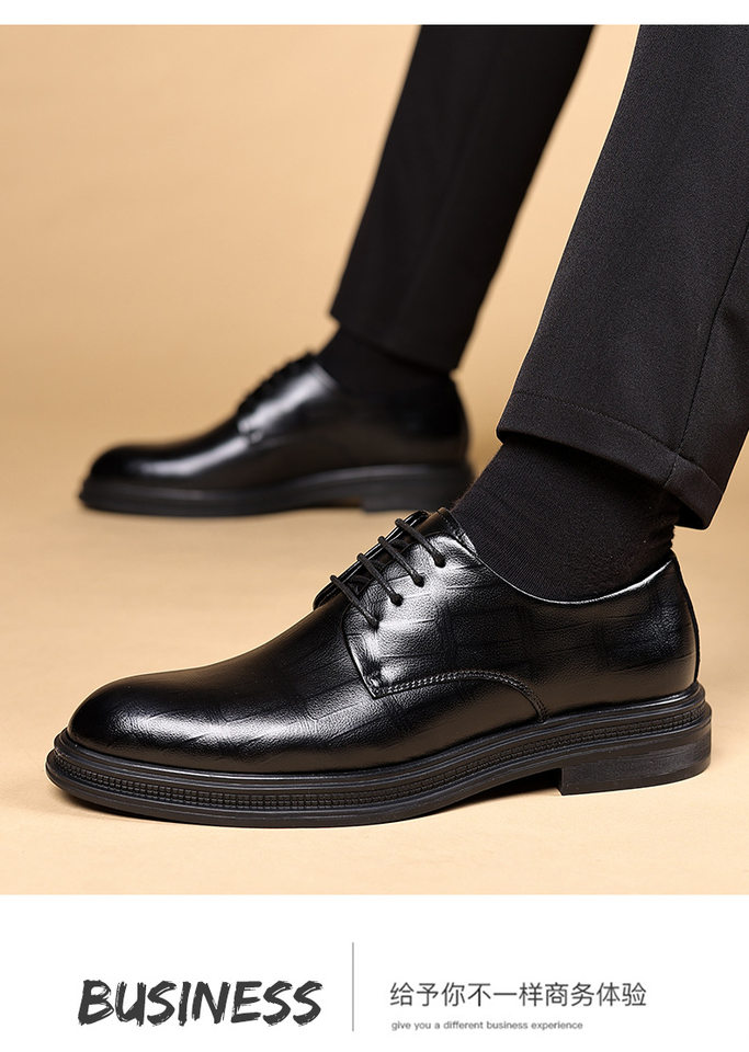 Giày da nam Derby công sở màu đen, mũi nhọn, đế dày tăng chiều cao 6 cm, buộc dây — màu đen, Họa tiết khoét rỗng màu đen, Đen tăng chiều cao 6CM chi tiết 3