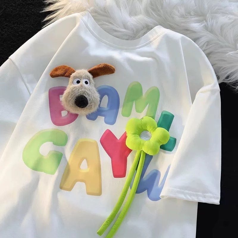 [14 000 человек] (съемная кукла) Милая стерео декоративная футболка с короткими рукавами для женщин, лето 2025, свободная футболка с круглым вырезом и принтом