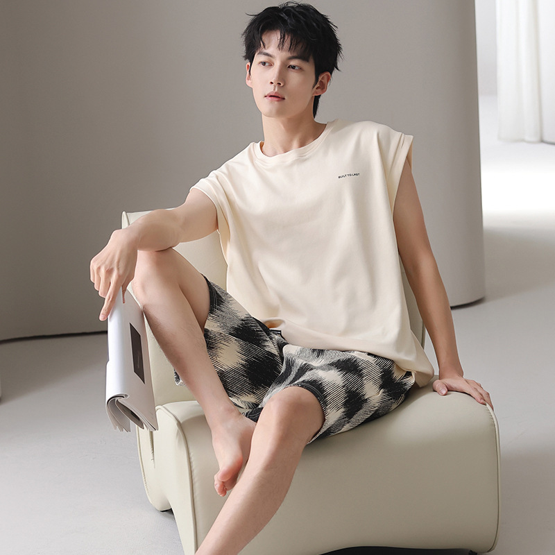 2026 New Style Pure Cotton Men's Vest Pajamas That Can Be Worn Outside, High-End Home Wear