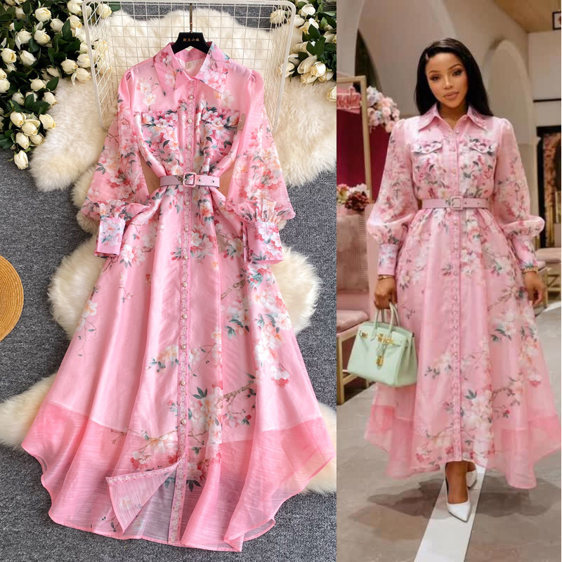 Women's French Style Printed Dress Fitted Openwork Long Sleeves Lapel Collar Tie Waist A-Line Long Skirt for Commuting_ecoleips.com