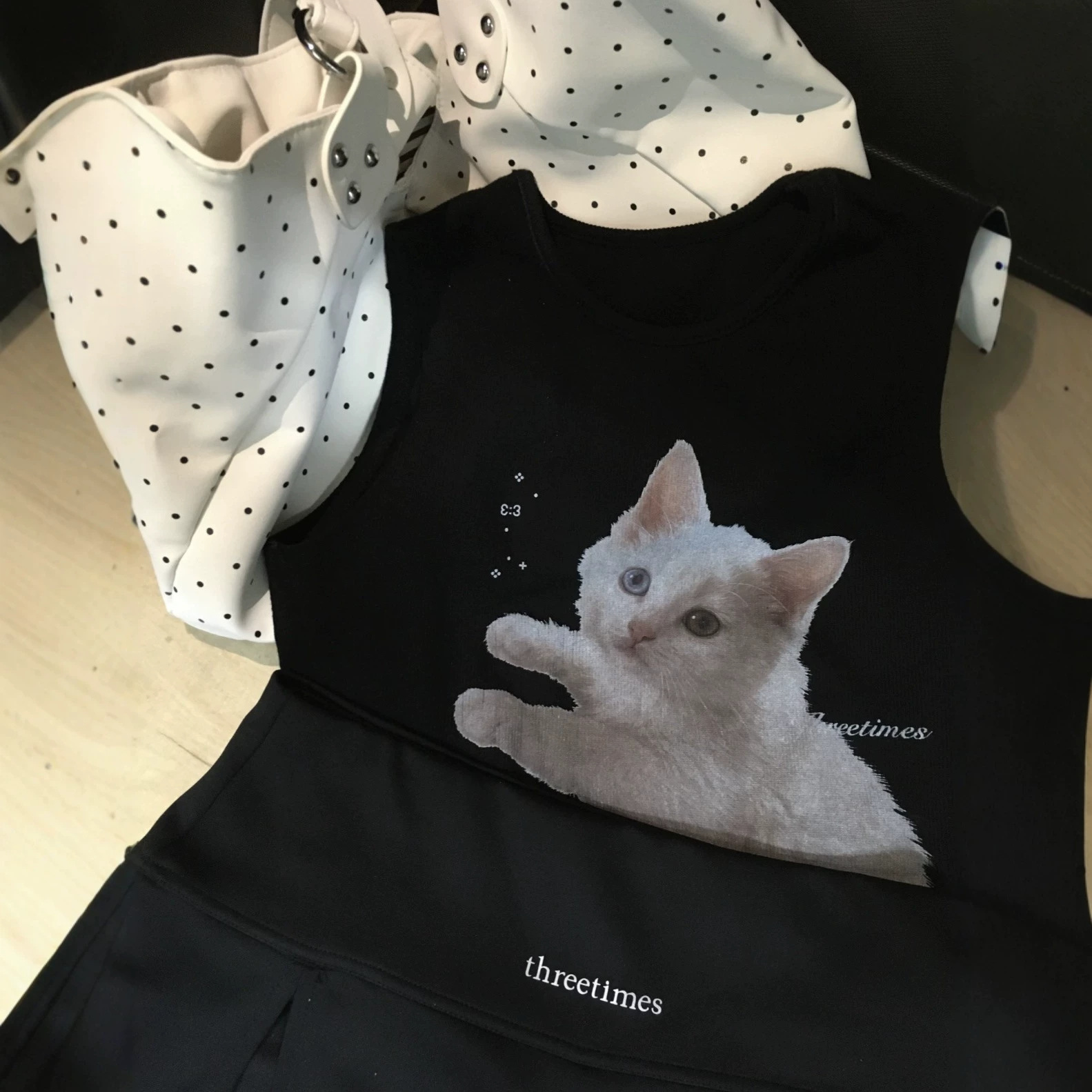 Korean Niche Influencer Style Three Spicy Girl Style Cat Print Tank Top T-Shirt Women's Top and Short Skirt Set