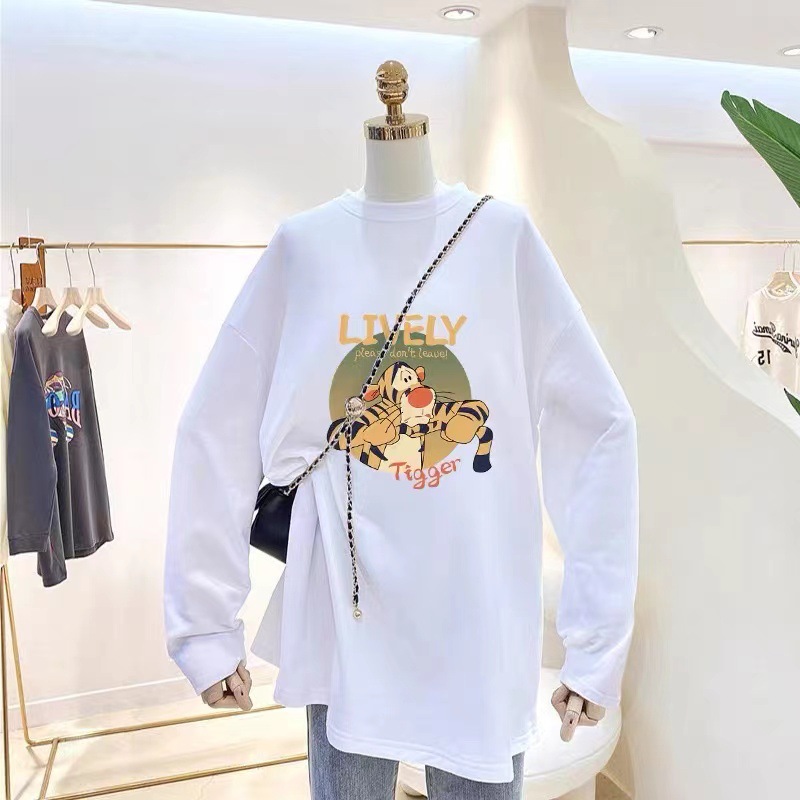 白色中长款长袖t恤女秋季棉宽松打底衫内搭时尚减龄上衣遮肚胖m