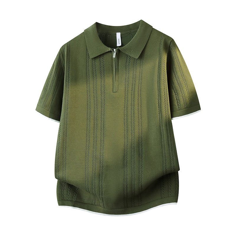 Polo camiseta de punto camiseta de manga corta hombre solapa medio cremallera hueso de pez hueco camiseta de hielo de verano fábrica transfronteriza al por mayor image 6