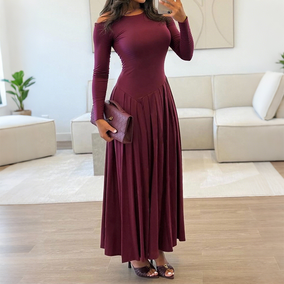 Women's Elegant Long-Sleeve Maxi High Waist Dress
