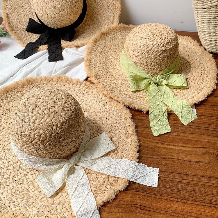 French Style Bow Raffia Straw Hat For Women - Summer Wide Brim Sun Protection Hat For Beach Vacation - Thumbnail 4