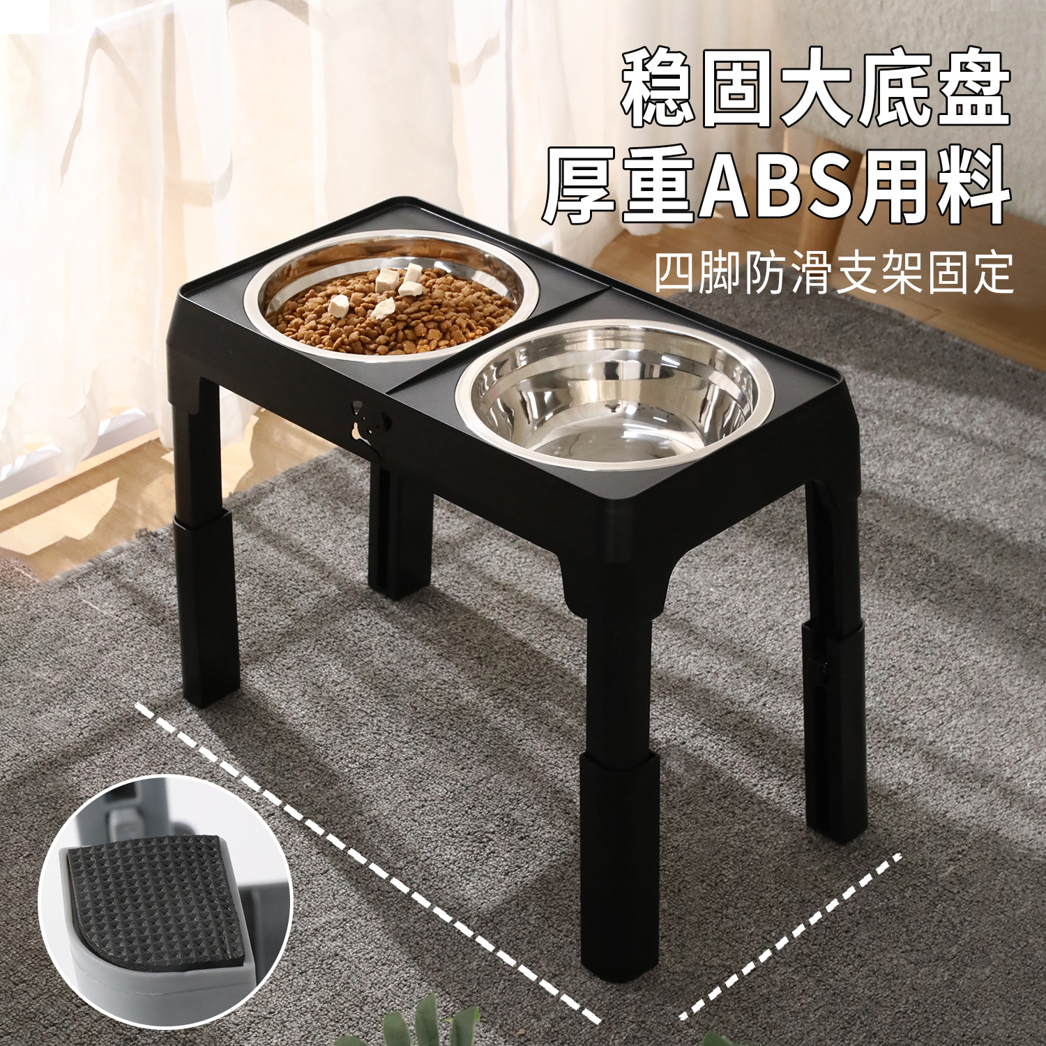 Tazón doble de acero inoxidable para perros, mesa de comedor plegable super grande ajustable, tazón de comida para perros de pies altos.