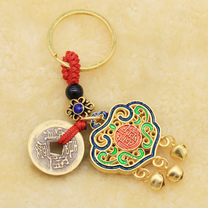 Genuine copper five-emperor coins keychain locket, Chinese traditional hanging ornament, jewelry, live streaming, street stall, abacus, gourd, alloy accessories