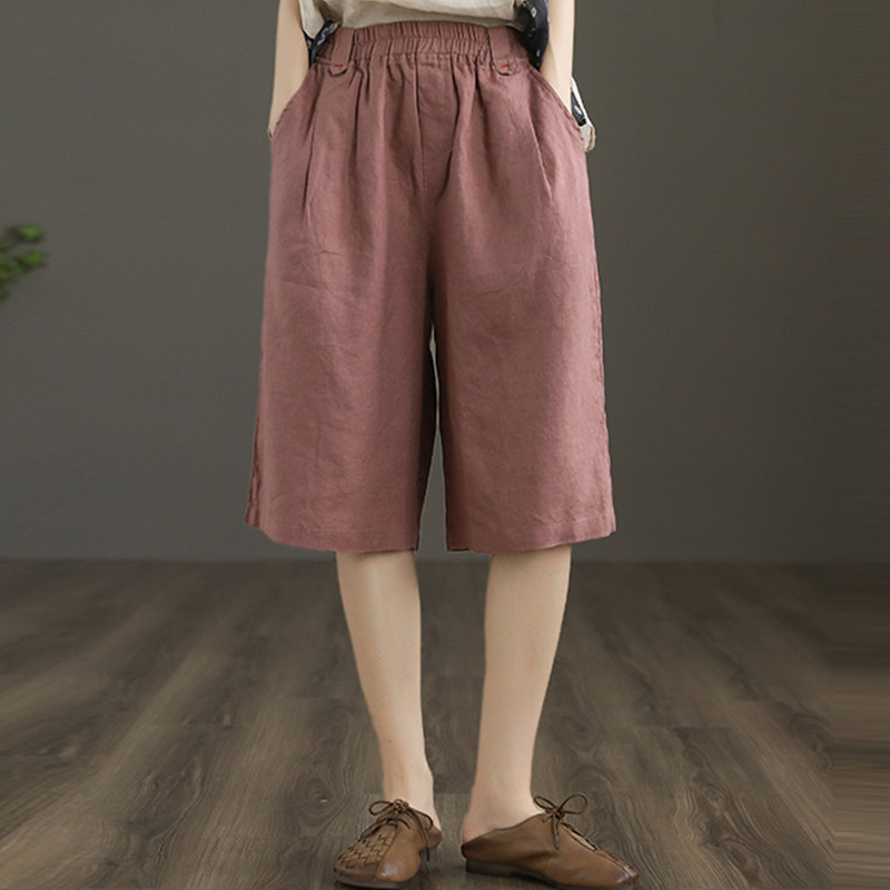 Summer New Cotton and Linen Casual Pants for Women, Thin Outer Shorts, High-Waisted Loose Slimming Five-Point Wide-Leg Pants