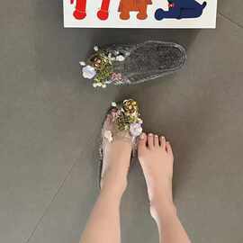 韩国包头拖鞋果冻鞋女水钻花朵水晶水晶鞋沙滩鞋夏季居家鞋凉拖鞋