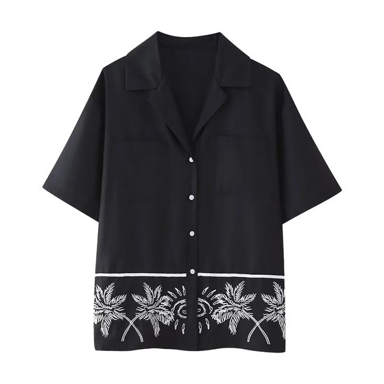 European and American Style 2025 New Summer Women's Casual Lapel Short-Sleeved Embroidered Shirt Elastic High-Waisted Straight Pants Suit