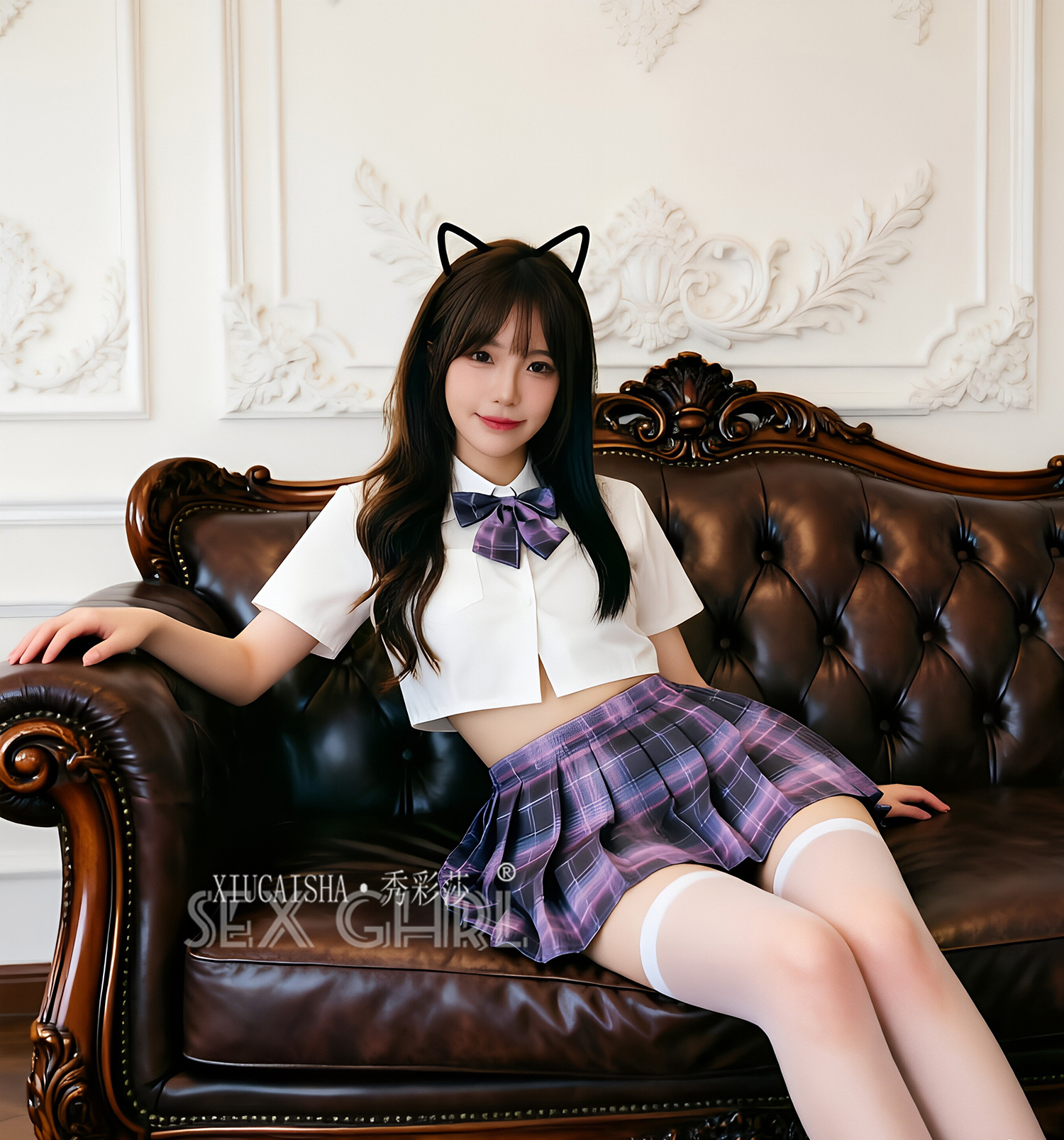 Student-Style Roleplay Lingerie Set with Plaid Skirt, Top, Bow Tie, Thong and Stockings — detail image 16
